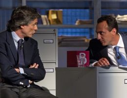 Da sinistra i candidati sindaco di Roma, Alfio Marchini e Marcello De Vito, durante la trasmissione di La7 "Piazza Pulita" del 13 maggio 2013.