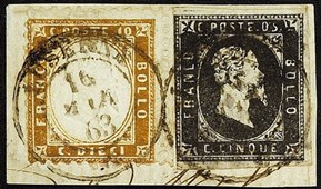 3 Unica affrancatura mista conosciuta della prima emissione di sardegna (1852) con la prima emissione del Regno d'Italia (1862)