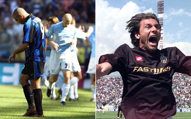 Campionato 2001/2002 - L’Inter di Cuper, quando mancano cinque giornate al termine, ha tre punti di vantaggio sulla Roma di Capello e ben sei punti di vantaggio sulla Juventus di Lippi. Alla quint’ultima i bianconeri guadagnano tre punti sull’Inter (sconfitta 1-2 in casa dall’Atalanta) e 2 punti sulla Roma (che pareggia 2-2 a Venezia). Alla terz’ultima la Juventus rosicchia altri due punti all’Inter e supera la Roma al secondo posto. L’ultima giornata è quella del famoso cinque maggio. E non si parla di letteratura manzoniana. L’Inter si presenta all’Olimpico di Roma con un punto di vantaggio e con il pubblico 