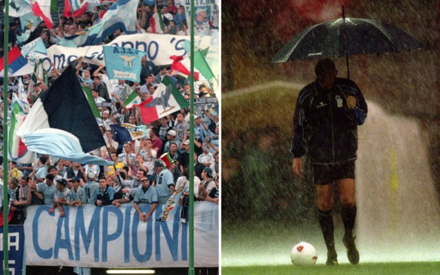 Campionato 1999/2000 – La Lazio si rifà della beffa subita l’anno precedente. A otto giornate dalla fine, i biancocelesti inseguono la Juventus di Ancelotti a nove lunghezze di distanza. I bianconeri, però, perdono contro il Milan, lo scontro diretto contro la Lazio al Delle Alpi (0-1 gol di Simeone) e contro il Verona al Bentegodi. La Lazio, che aveva pareggiato a Firenze alla quint’ultima per poi vincerle tutte, si presenta a -2 all’ultima giornata. I festeggiamenti bianconeri sono pronti ma il diluvio di Perugia, il gol di Calori e la sconfitta per 1-0 al Renato Curi consegnano lo scudetto alla Lazio vittoriosa per 3-0 sulla Reggina all’Olimpico.