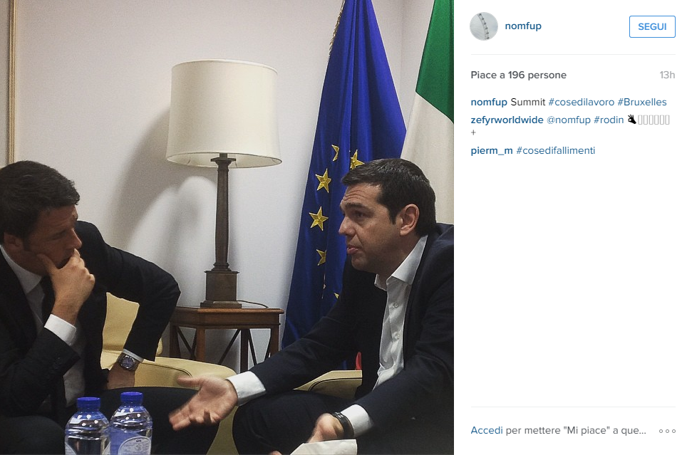 L'incontro tra Renzi e Tsipras a margine dell'eurogruppo di Bruxelles sulla crisi greca. (foto Nomfup, Instagram) 