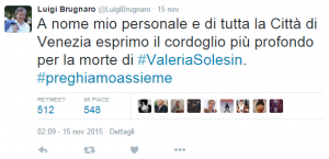 Il tweet del sindaco di Venezia, Luigi Brugnaro