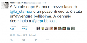 Il tweet di Mario Calabresi pubblicato subito dopo il comunicato del Gruppo l'Espresso