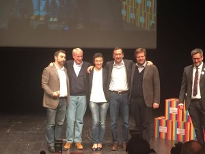 I candidati Antonio Iannetta, Francesca Balzani, Giuseppe Sala, Pierfrancesco Majorino, con il sindaco uscente Giuliano Pisapia