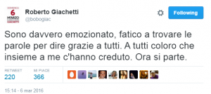 Il tweet di Roberto Giachetti, vincitore delle primarie Pd a Roma