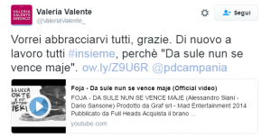 Il tweet di Valeria Valente dopo la vittoria alle primarie Pd di Napoli