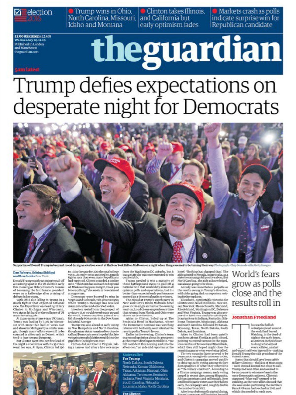 The Guardian: "Trump va oltre le aspettative in una notte disperata per i Democratici".