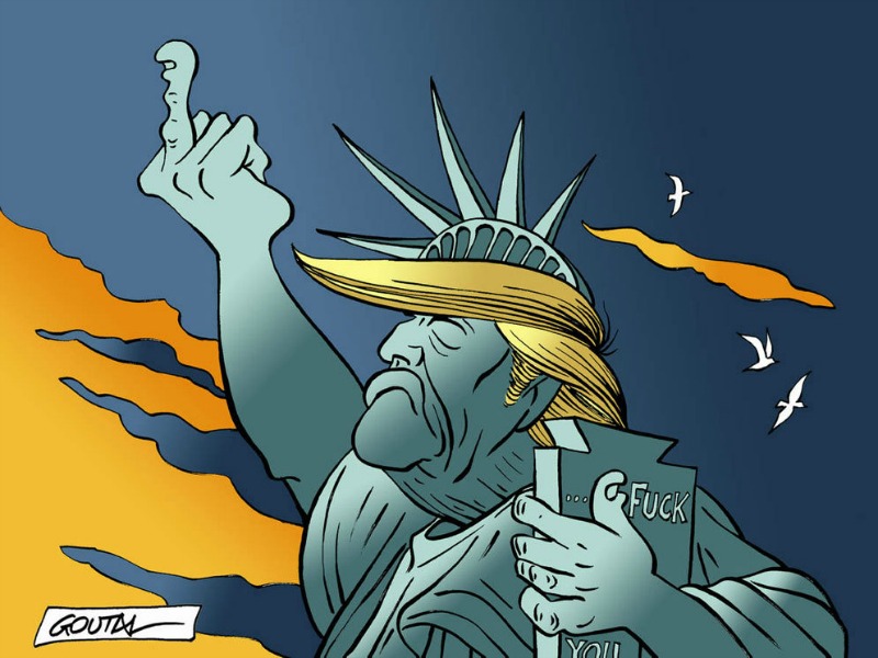 In questa vignetta la Statua della Libertà ha il volto di Trump