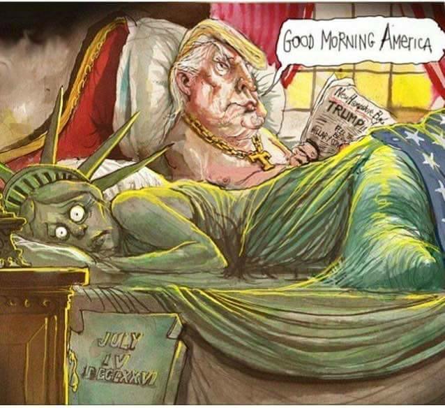 L'America si è svegliata così questa mattina: terrorizata, come la Statua della Libertà della vignetta, mentre Trump se la gode leggendo i giornali