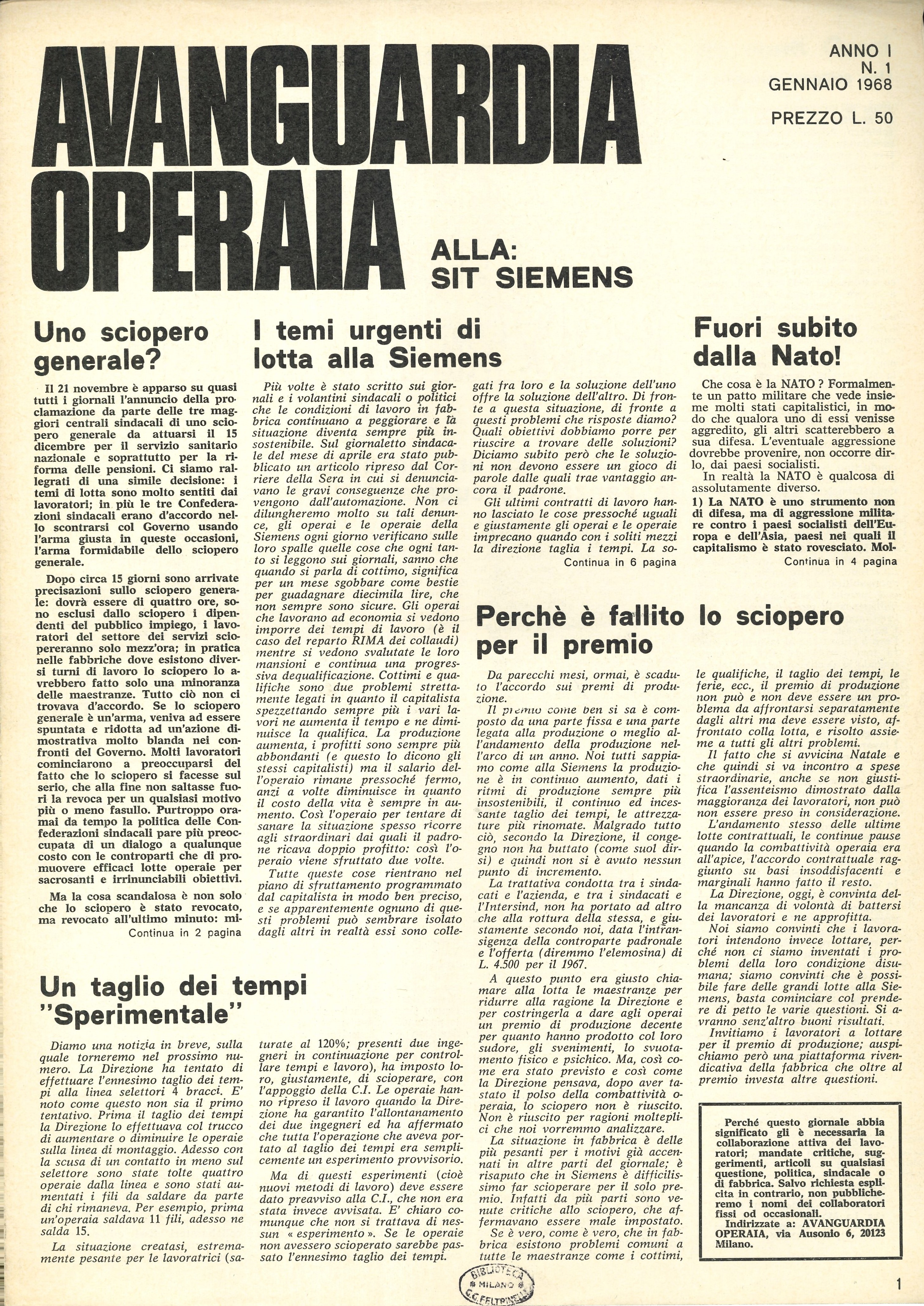 Avanguardia Operaia n.1 1968 Copertina