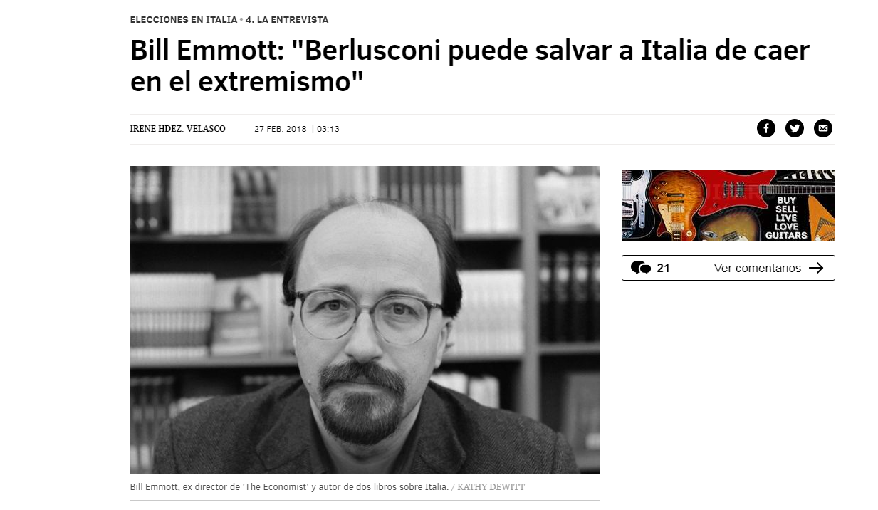 Bill Emmot a El Mundo, Berlusconi potrebbe salvare l'Italia dall'estremismo