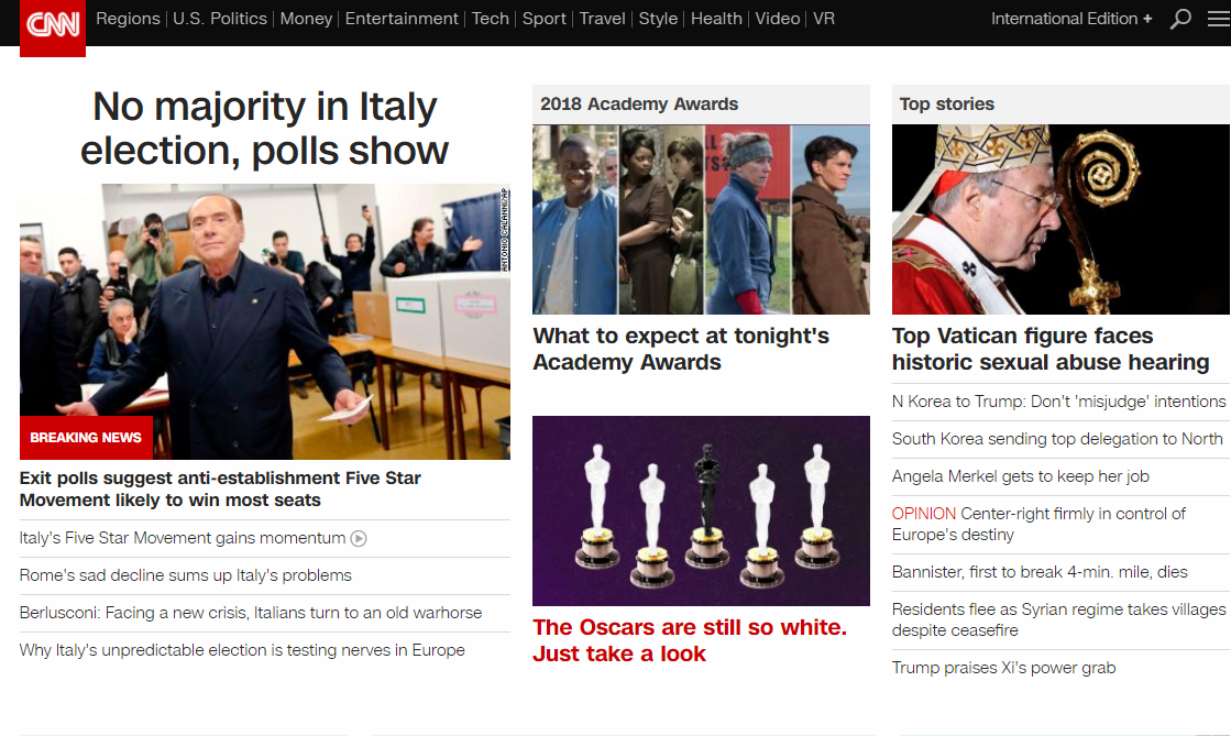 La CNN titola: «Gli exit poll indicano che nessuno ha la maggioranza». Altri pezzi si soffermano sull'ascesa del Movimento Cinque Stelle, il ritorno di Berlusconi e sulle conseguenze che il risultato delle elezioni italiane avrà in Europa.