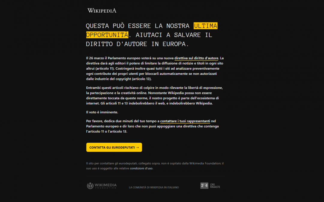 Wikipedia oscurata: protesta contro la riforma del Copyright