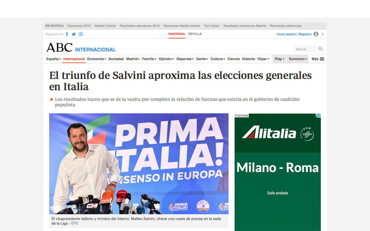 Spagna, ABC Internacional: "Il trionfo di Salvini avvicina le elezioni politiche"