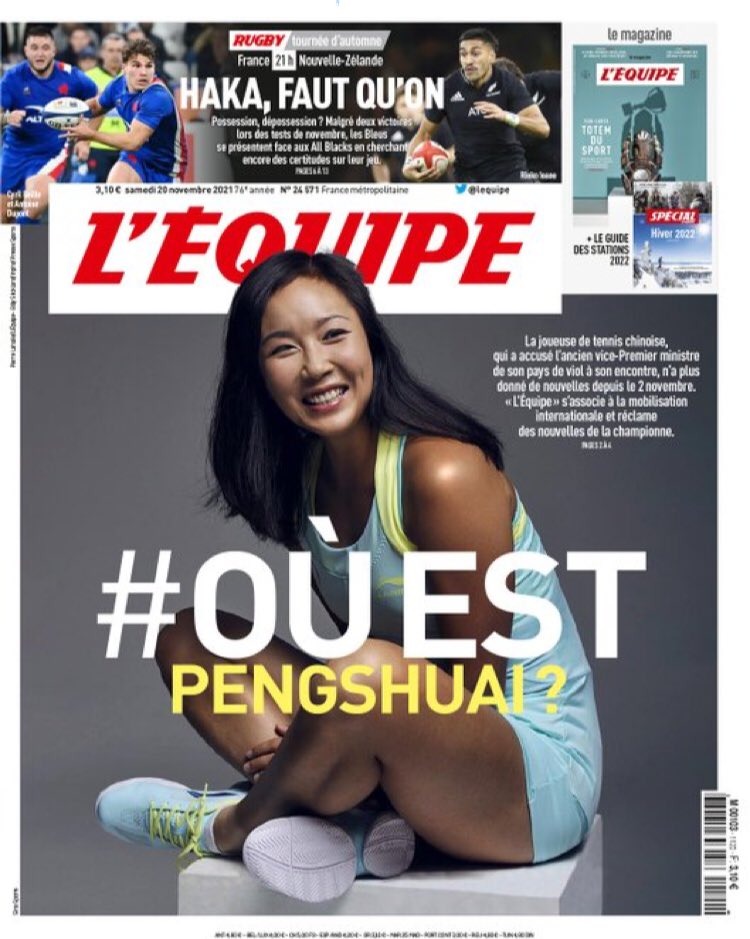 La copertina della testata francese con l'hashtag in lingua #WhereIsPengShuai