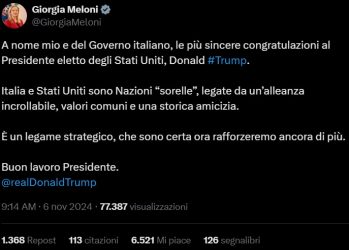 Trump alla Casa Bianca, Meloni: «Italia e Stati Uniti sono nazioni “sorelle”, legate da valori comuni»