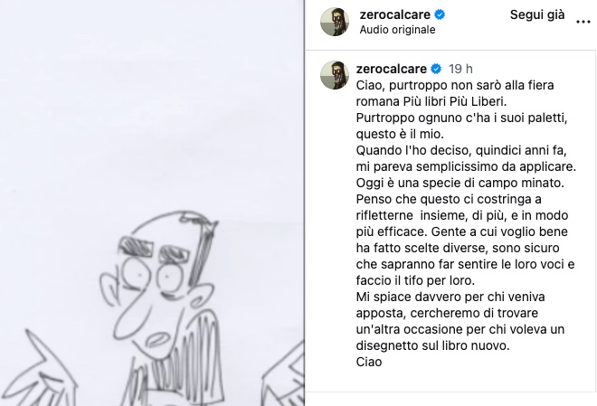 Zerocalcare, no a “Più libri più liberi”: «Mio paletto non convivere col nazismo»
